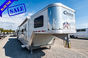 Image 0 for SKU 46250 – Leonard Truck and Trailer, Inc Gooseneck horse trailer at a sale lot, large 'SALE' stamp in the top left and a bright blue sky behind it.