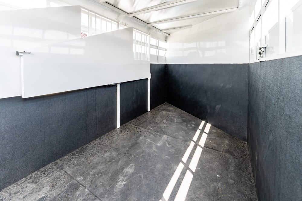 Empty stable stall with white partition and dark lower wall panels, sunlit concrete floor.