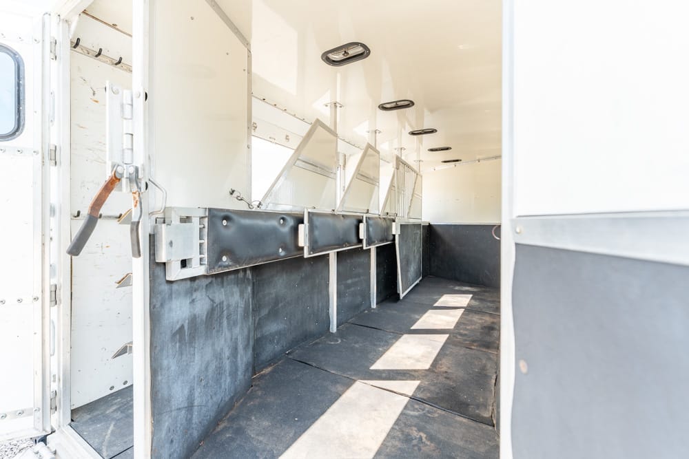 Empty horse trailer interior with partitioned stalls and padded walls, sunlit from open door.