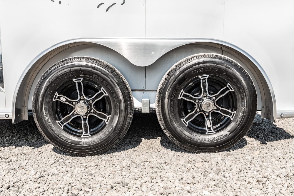 Dual trailer wheels with black alloy rims on a gravel surface beneath a silver fender arching over them.