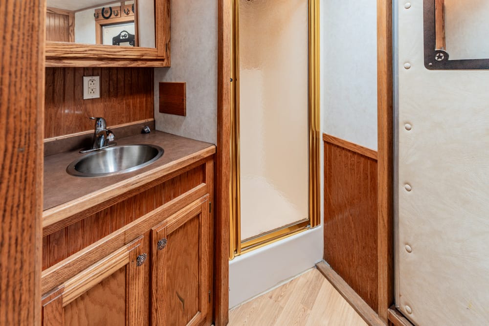 Compact bathroom with wood cabinetry, stainless sink, and a frosted glass shower door with gold trim.