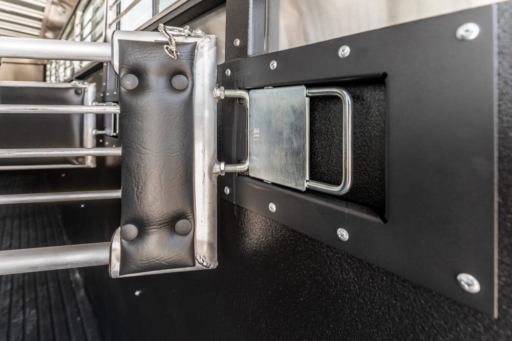 Close-up of a heavy-duty latch securing a black metal gate, with a U-shaped bolt and padded leather hinge detail nearby.