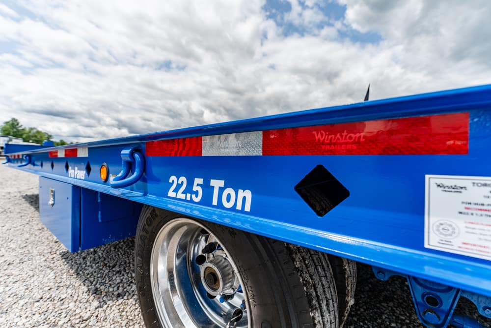 Blue flatbed trailer side with '22.5 Ton' capacity marking and a silver wheel on gravel ground, under a cloudy sky.