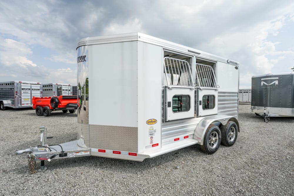 Silver aluminum tandem-axle horse trailer with ventilated stalls and double rear doors on a gravel lot of trailers.
