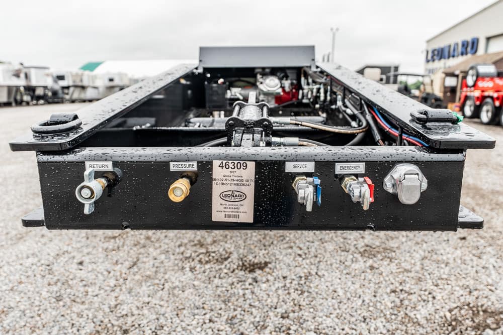 Black trailer panel with labeled connectors: Return, Pressure, Service, Emergency, plus central ID plate.