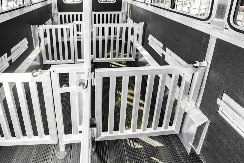 Interior of a metal livestock trailer with multiple empty pens and gate gates separating compartments