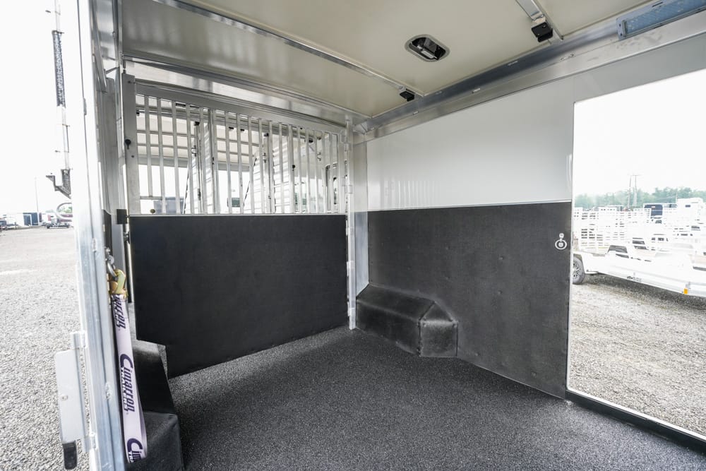 Interior of a horse trailer showing a metal divider with bars, black padded walls, and a rubberized floor with a small step at the back, all ready for loading.