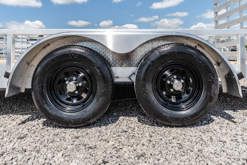 Dual trailer wheels on a gravel surface under a metal fender with a bright blue sky behind them