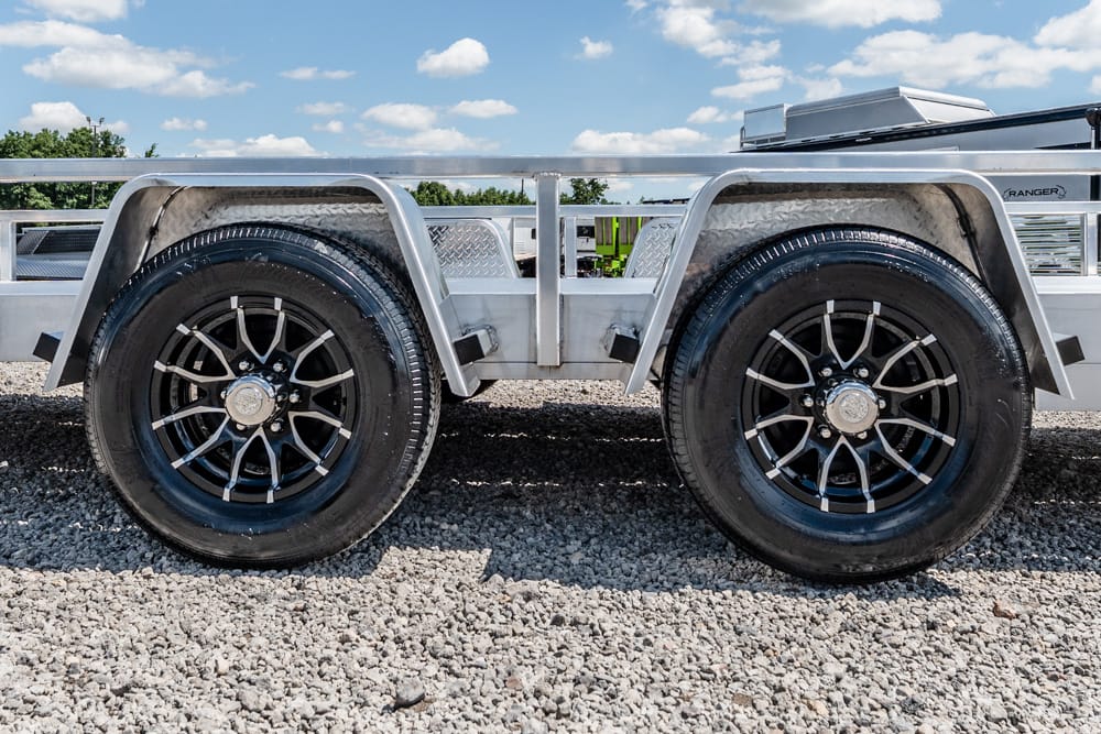 Dual trailer wheels with black alloy rims on a gravel lot under a blue sky.