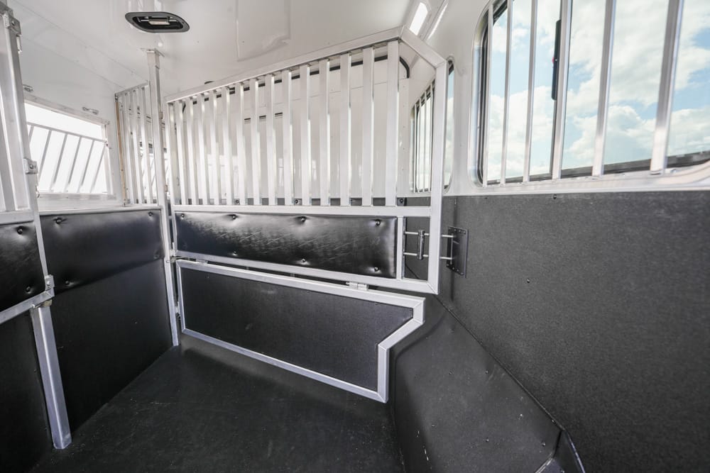 Interior of a horse trailer with a metal partition and padded walls, showing a stall and side window(s).