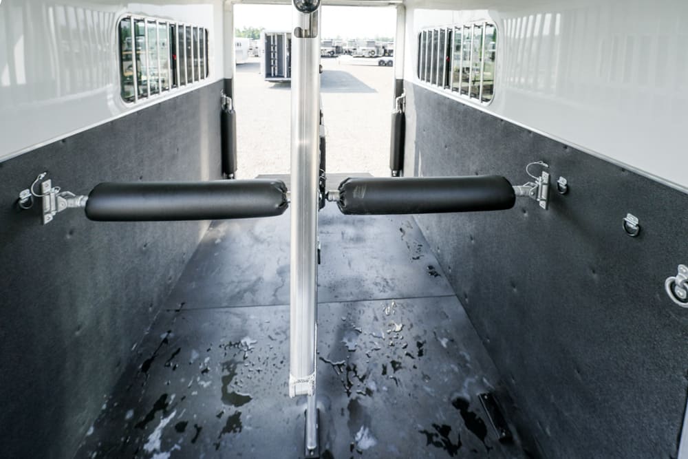 Interior of a livestock/horse trailer with a central divider and padded bars, wet floor visible from recent cleaning or rain