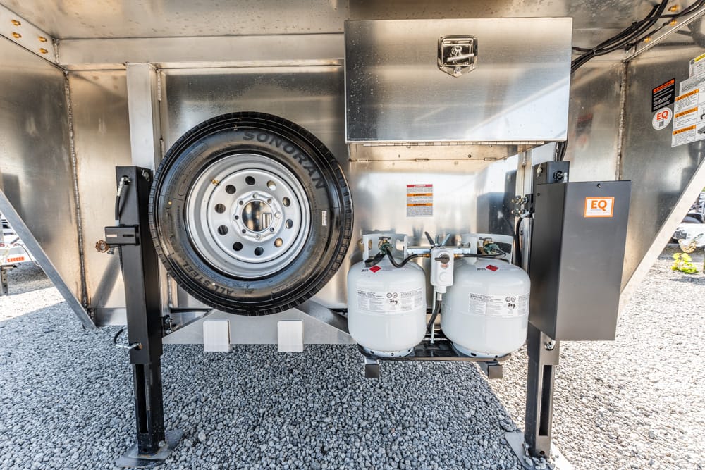 Trailer undercarriage showing a spare wheel, two propane tanks, and a metal toolbox mounted on a gravel surface.