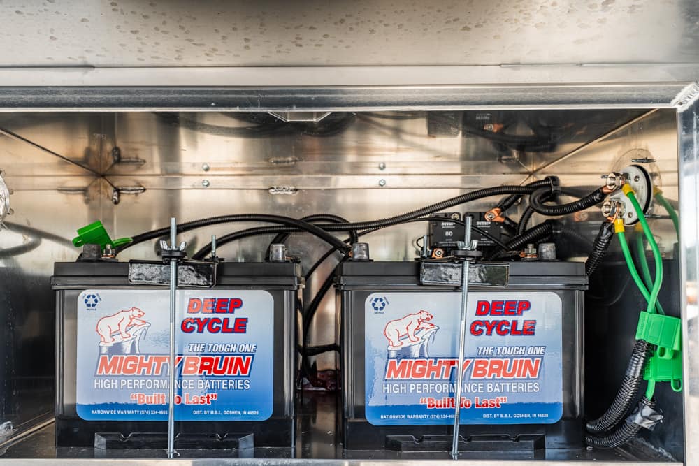 Two deep-cycle, high-performance Mighty Bruin batteries in a metal enclosure with wiring and green grounding cables nearby, labeled Built to Last.