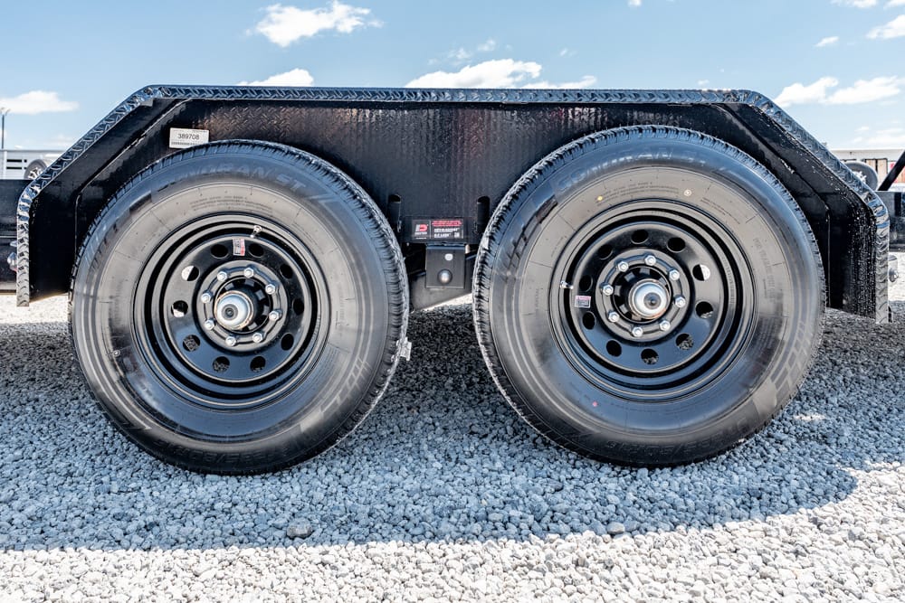 Twin-axle trailer wheels on a gravel surface under a clear blue sky, with black metal fenders above.
