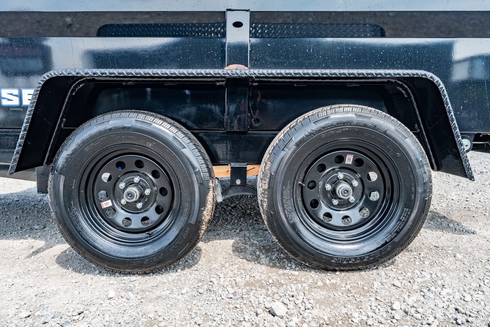Close-up of two black steel trailer wheels with mud guards on a gravel surface.