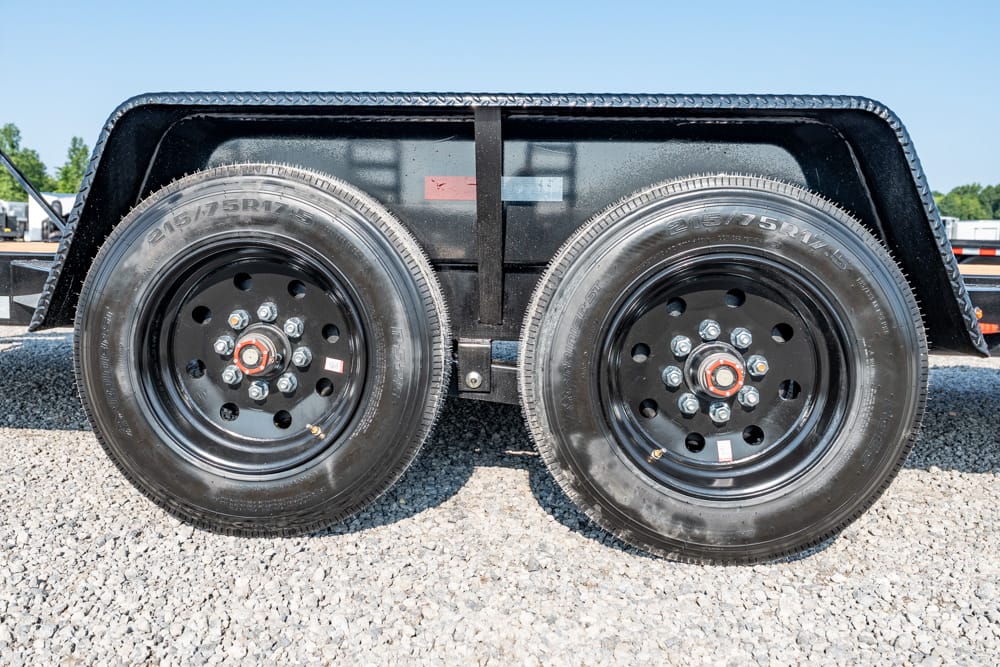 Twin trailer wheels with black rims and visible lug nuts on a gravel surface under a metal fender on a trailer.