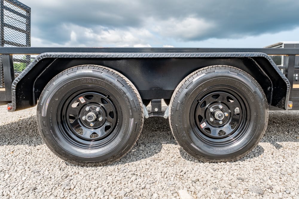 Dual-axle trailer with black steel fenders and two tires on gravel surface under a cloudy sky.