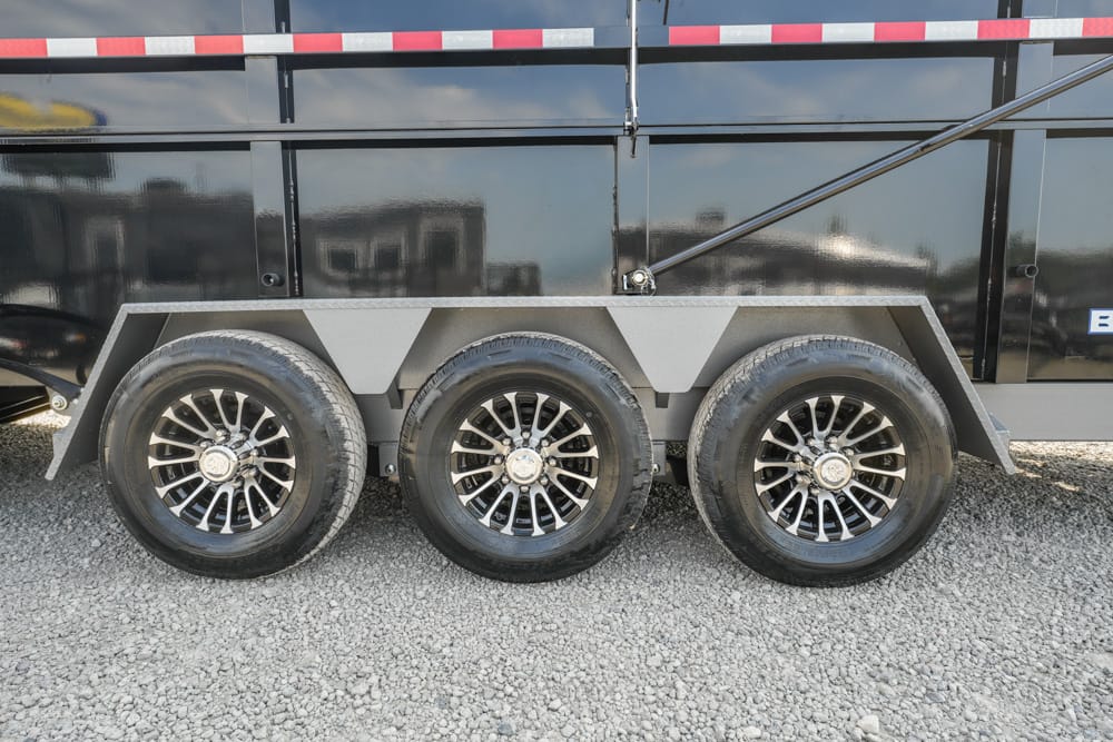 Triple-axle trailer with three alloy-wheeled tires and gray angular fenders on a gravel surface
