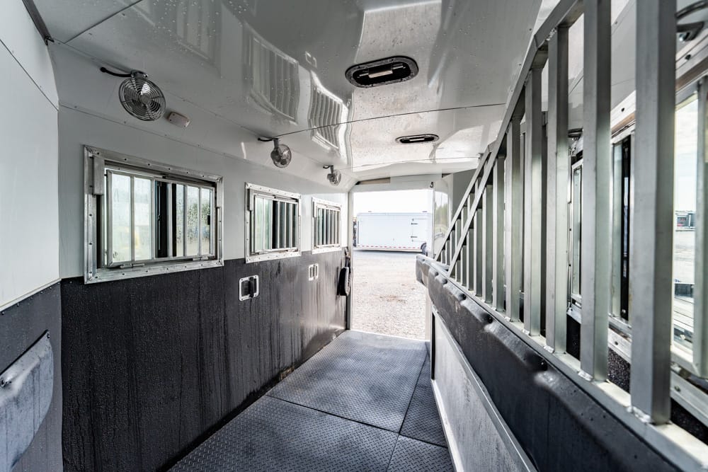 Interior of a horse trailer: narrow aisle with stalls on the right and small side windows on the left, metal rails separating stalls and a textured floor surface.