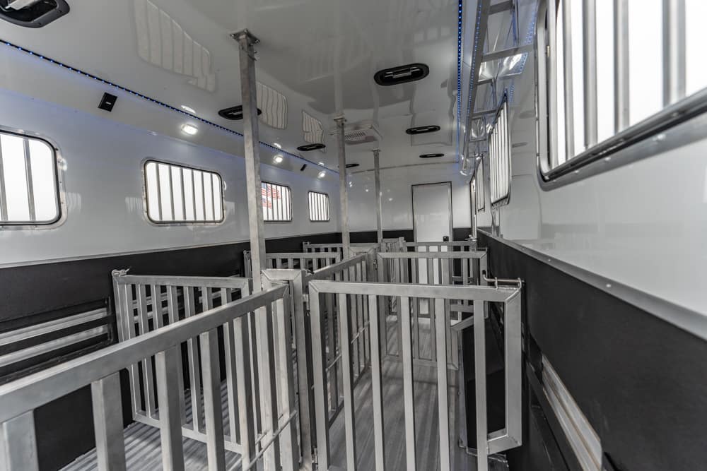 Interior of a metal horse trailer with several stalls and dividers, windows with bars, and blue LED lighting along the ceiling.