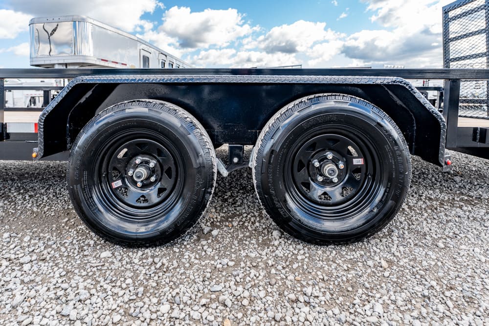 Dual-axle trailer wheels with black steel rims on a gravel lot under a blue, cloudy sky; trailer bed and fenders visible.