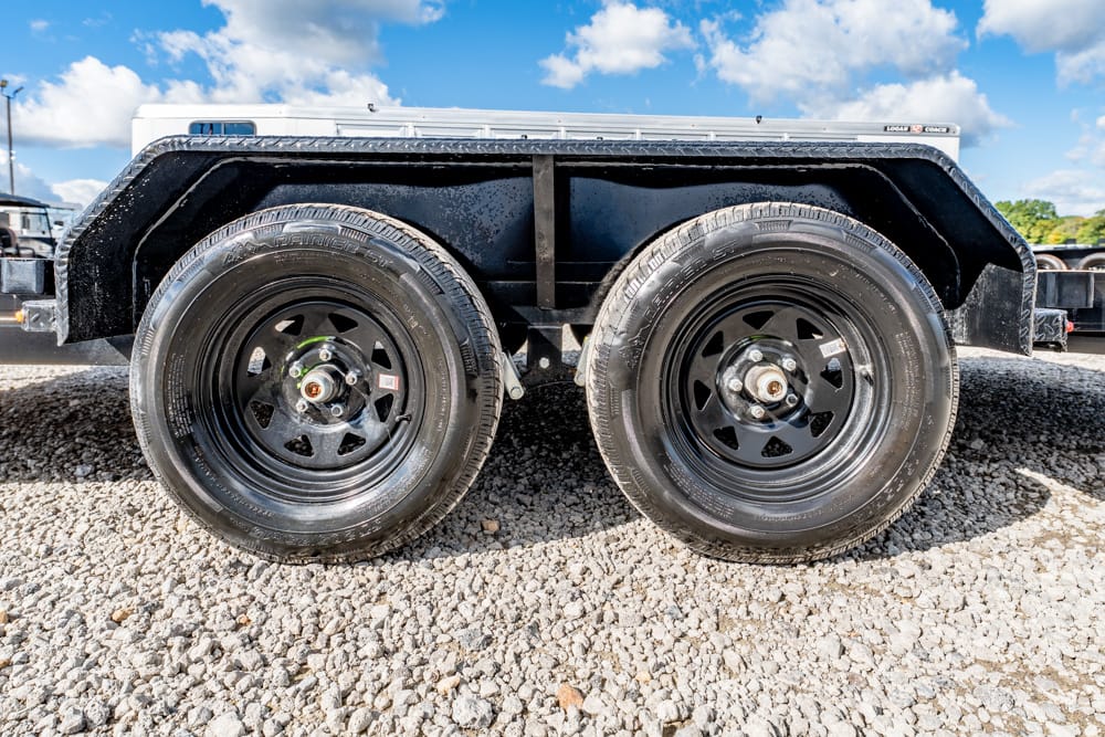 Dual-axle trailer wheels with black rims on a gravel surface under a sunny sky, showing the undercarriage and fenders.