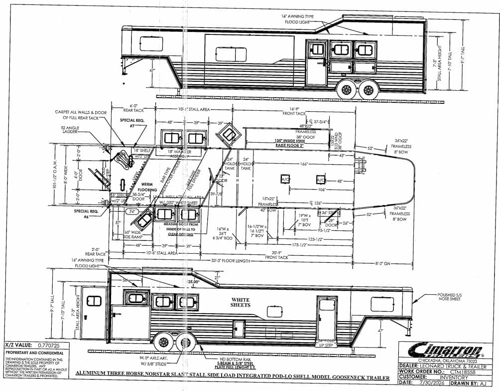 Technical blueprint of a gooseneck horse trailer showing side, top, and rear elevations with dimensions and notes, Cimarron logo visible.
