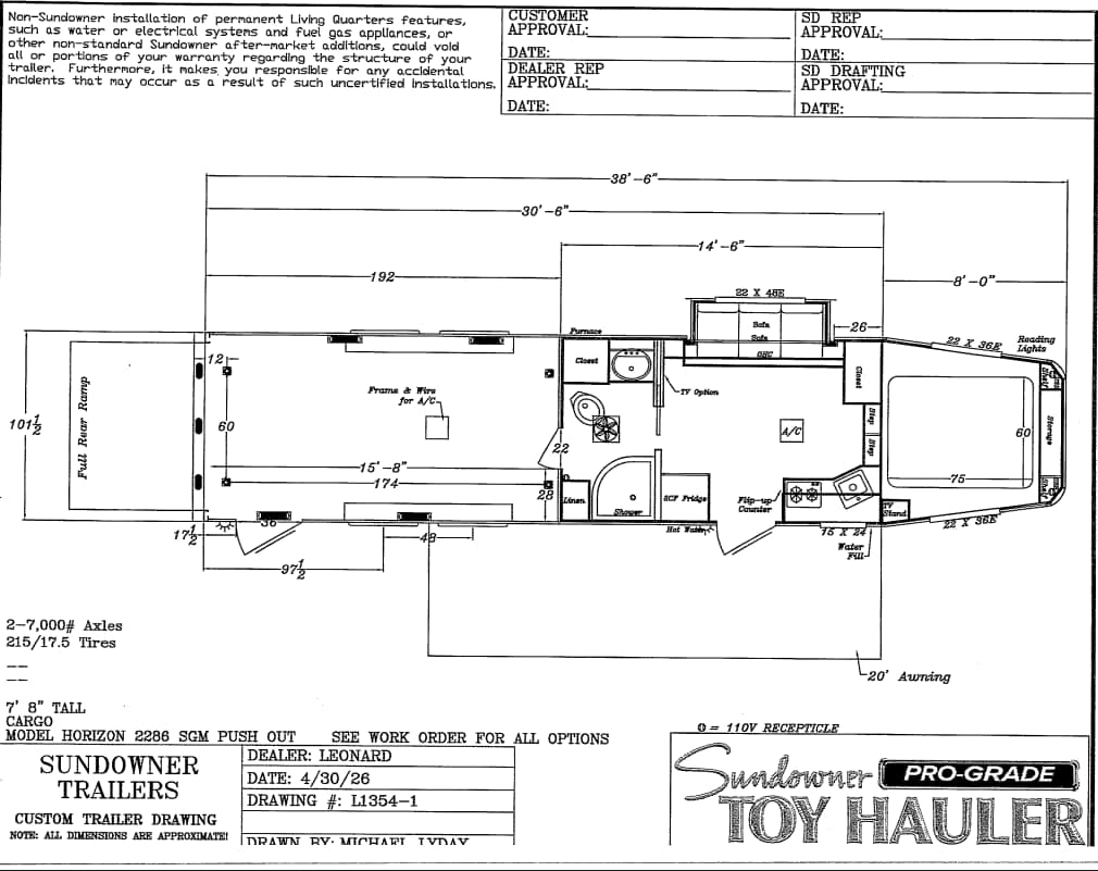 Technical blueprint of a Sundowner Toy Hauler trailer floor plan with dimensions, showing living area, kitchen, bath, bed area, and cargo ramp at rear.