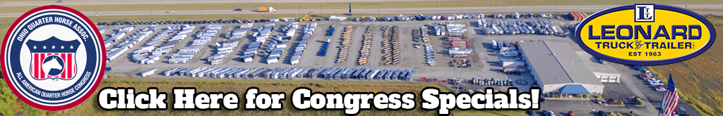 Aerial banner with a large trailer lot, AQHA and Leonard Truck & Trailer logos, and the text 'Click Here for Congress Specials!'