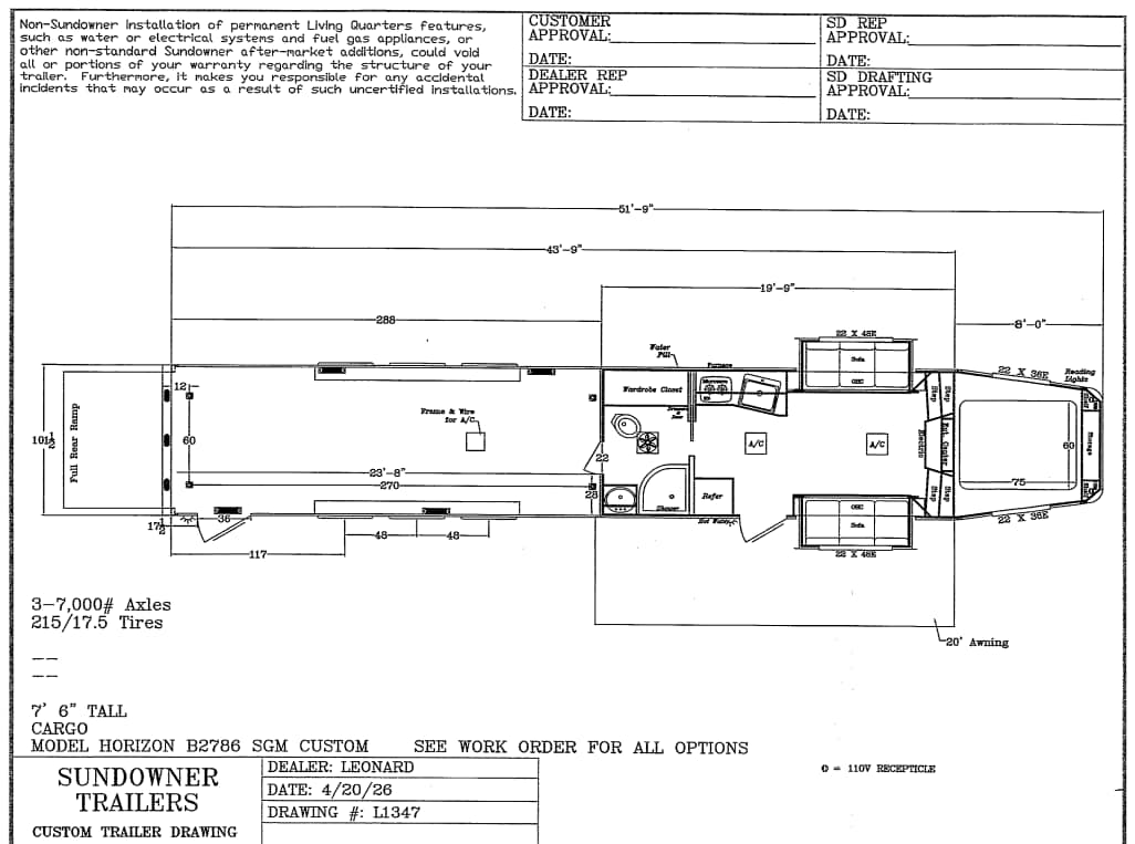 Floor plan of a Sundowner trailer showing living area, kitchen, bathroom, bedroom, and rear ramp with labeled dimensions and sections.