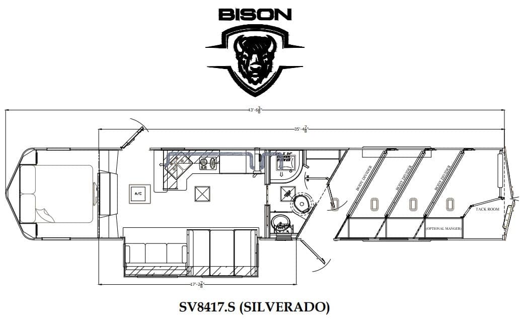 Floor plan of a BISON SV8417.S Silverado toy hauler: front bedroom, living area, kitchen, bathroom, and rear cargo/bed area.