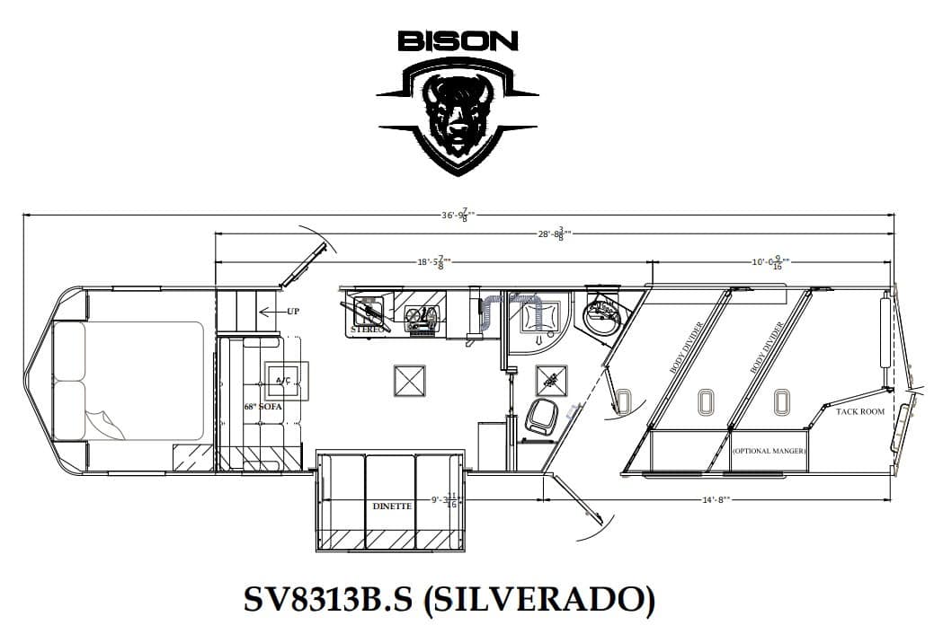 Top-down floor plan of a Bison Silverado SV8313B.S travel trailer, showing bedroom, living area with sofa and dinette, kitchen, bathroom, and bunk rooms with measurements.