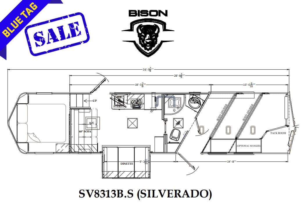 RV floor plan blueprint for SV8313B.S Silverado, showing living area, bedroom, kitchen and bunk area in a schematic layout.
