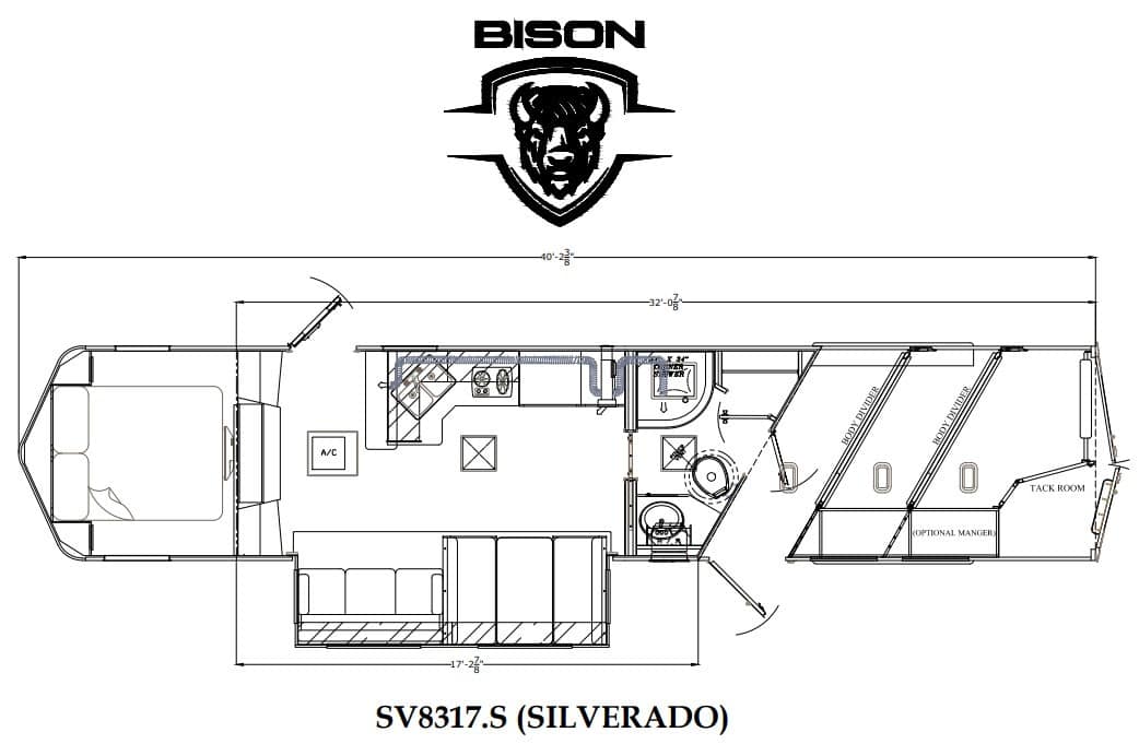 BISON logo above a detailed SV8317.S Silverado motorhome floor plan showing living area, kitchen, bath, and bedroom sections.