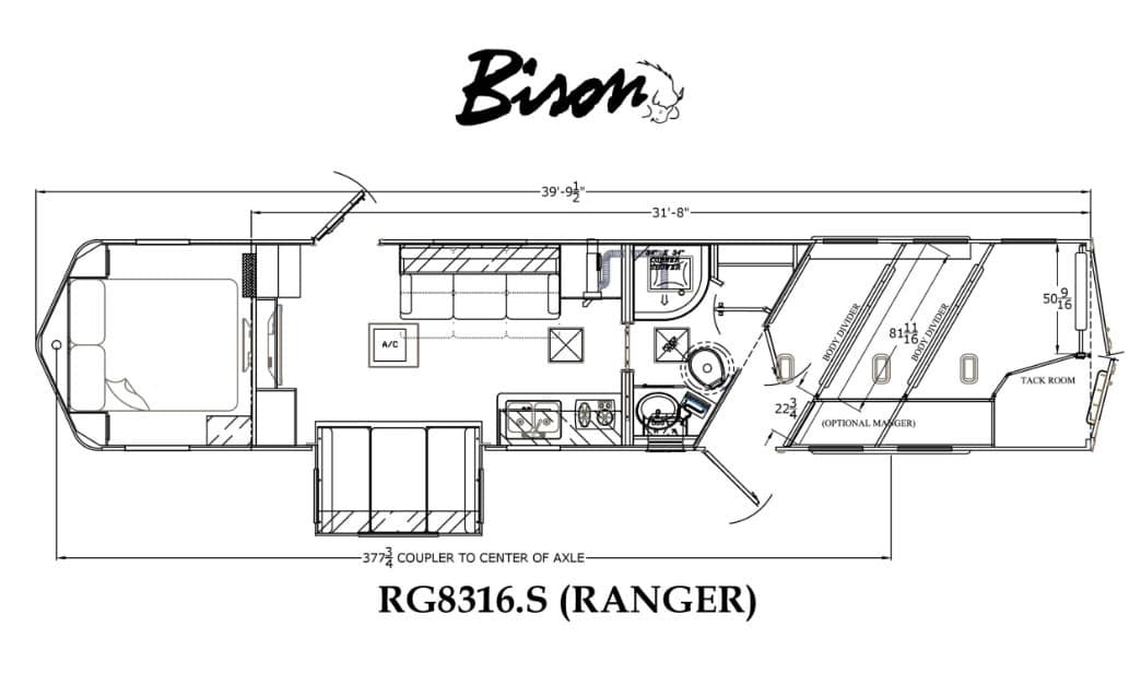 Floor plan of a Bison RG8316.S Ranger travel trailer, showing front bedroom, mid living/kitchen area, bathroom, and rear tack room with dimensions.