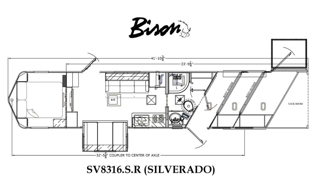 Floor plan of Bison Silverado SV8316.S.R RV: bedroom at left, central living area with sofa and kitchenette, bathroom, and rear tack room.