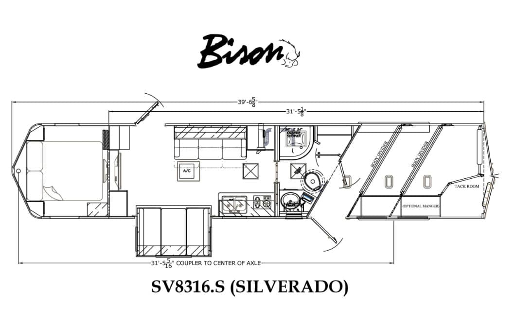 Floor plan of a Bison SV8316.S Silverado toy hauler RV: rear bedroom, central kitchen and living area, bathroom, cab, and a front tack room area with optional manager slot.