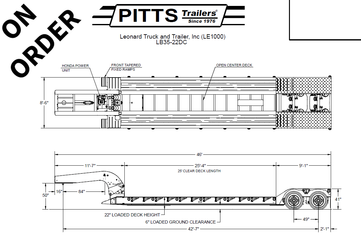 Technical blueprint of a PITTS Trailers plan showing top and side views of a trailer with dimensions: 46' overall length, 25' deck length, 22" loaded deck height, and 6' ground clearance, including open center deck and ramps.