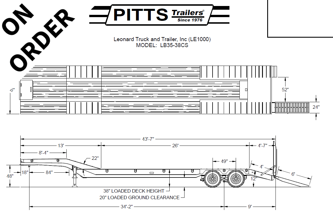 Technical drawing of a Leonard LB35-38CS trailer with side elevation and dimensions; shows triple rear axles, 38" loaded deck height, 20" ground clearance, overall length ~43'7", and rear ramp; PITTS Trailers logo visible.