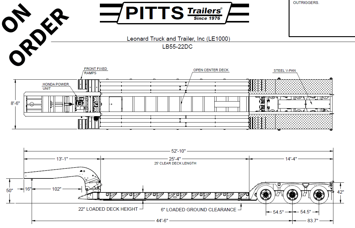 Technical blueprint of a PITT trailer showing top and side views with labeled components and dimensions (open center deck).