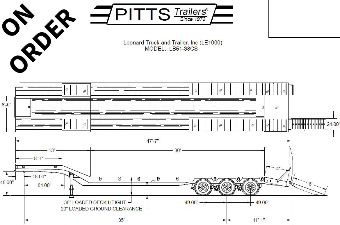 Engineering drawing of a Pitts Trailers LB51-38CS trailer, showing side elevation with tandem axles, loading ramp, and numerous dimension callouts (length, deck, height, ground clearance).