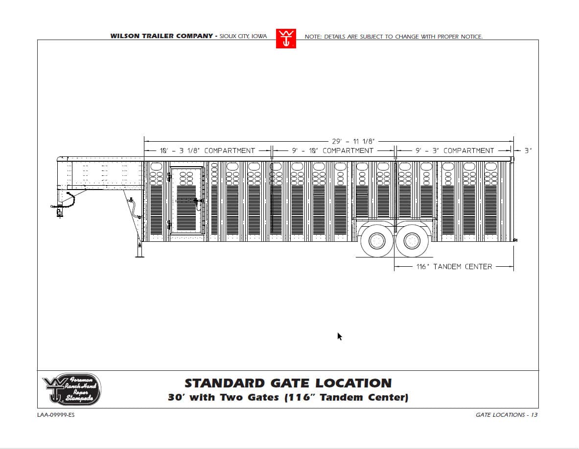 Technical blueprint of a 30' trailer showing standard gate locations with two gates and 116' tandem center (Wilson Trailer Company document).