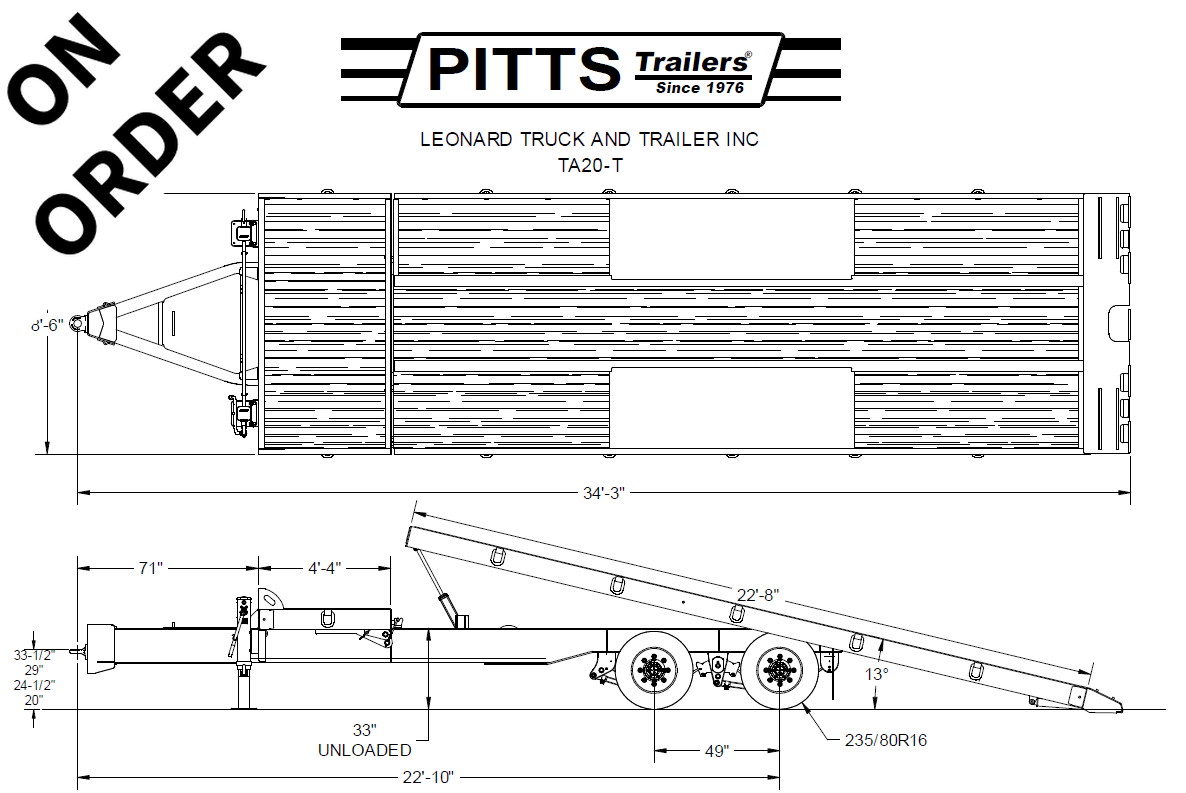 Engineering drawing of a PITTS TA20-T dual-axle ramp trailer (Leonard Truck and Trailer Inc), showing top and side views with dimensions and an 'ON ORDER' watermark.