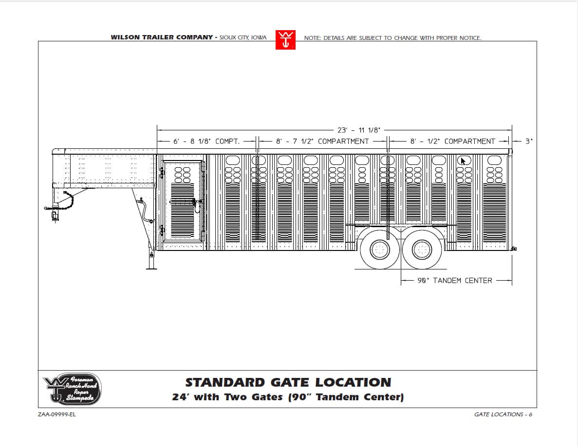 Engineering drawing of a 24' Wilson trailer with two gates, tandem center wheels, and dimension lines showing gate locations.