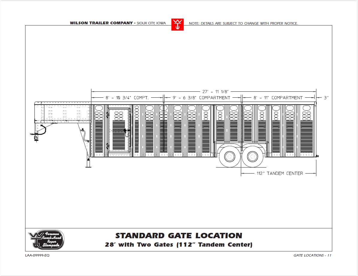 Engineering diagram of a 28' trailer showing standard gate location with two gates and a 112" tandem center (Wilson Trailer Co.).