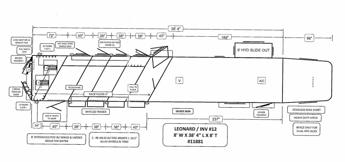 Top-down schematic of Leonard INV #12 trailer: 8' wide, 38'4" long, with doors, ramps, and labeled components.