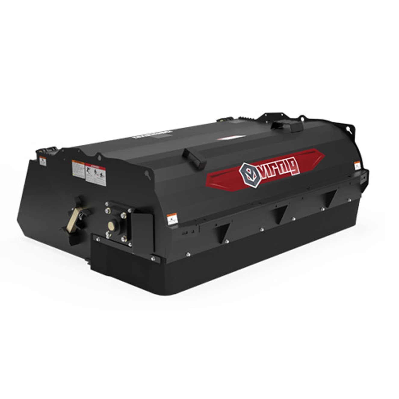 Heavy-duty black industrial machine with bolted panels and a red logo on the side, used for material processing or handling.