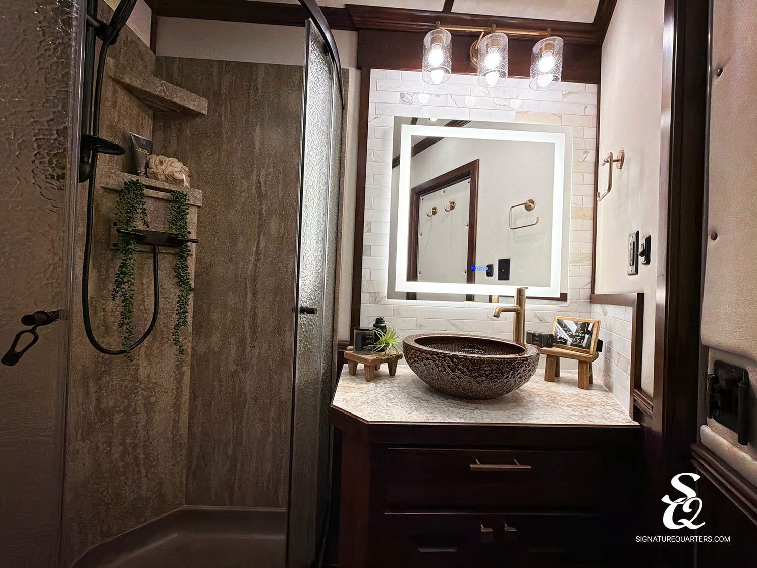 Backlit framed mirror above a stone vessel sink on a dark wood vanity in a modern bathroom with a shower to the left and hanging plants.