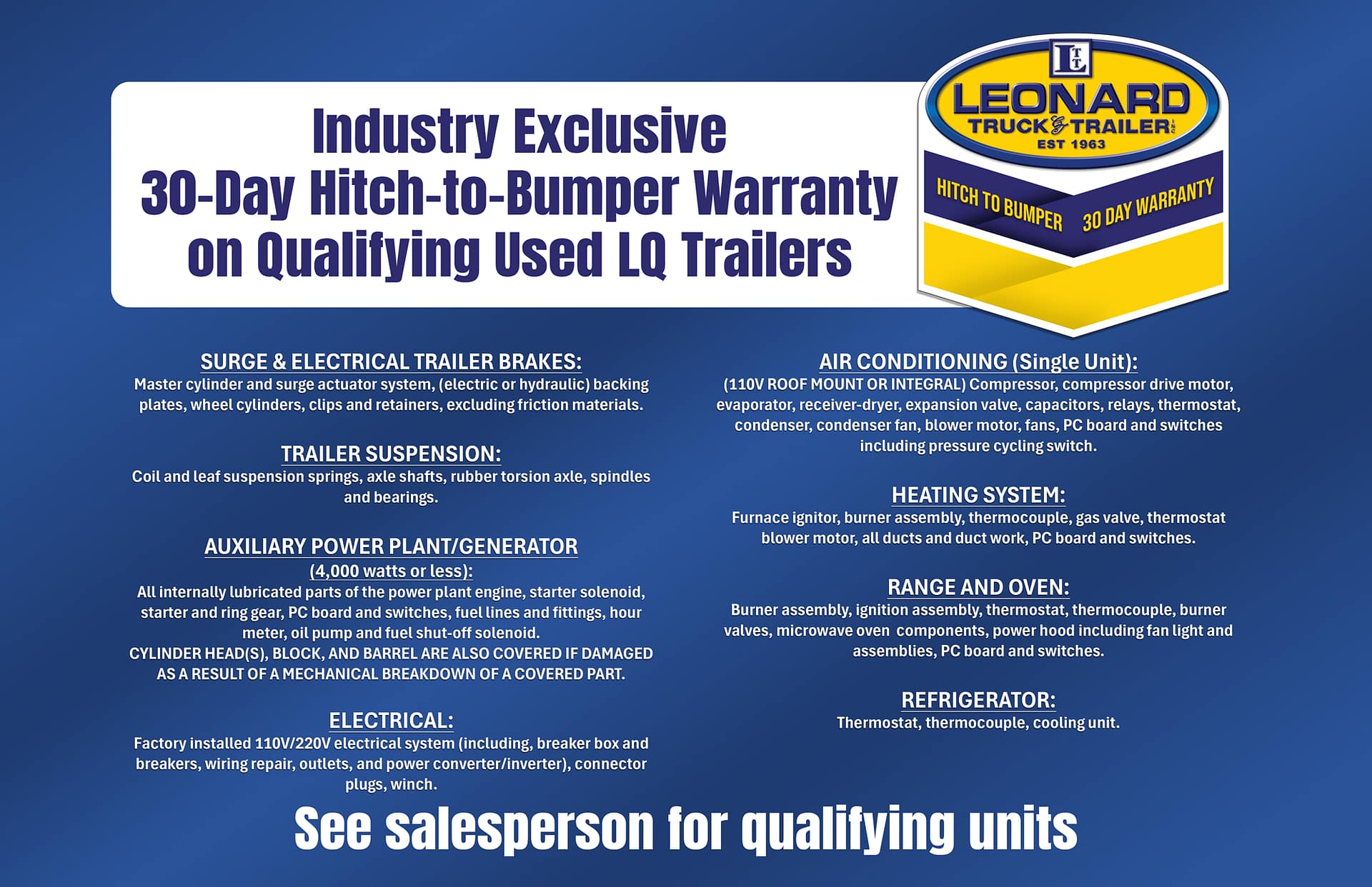 Banner promoting Leonard Truck & Trailer with a blue gradient background and the logo, advertising a 30‑day hitch‑to‑bumper warranty on qualifying used LQ trailers.