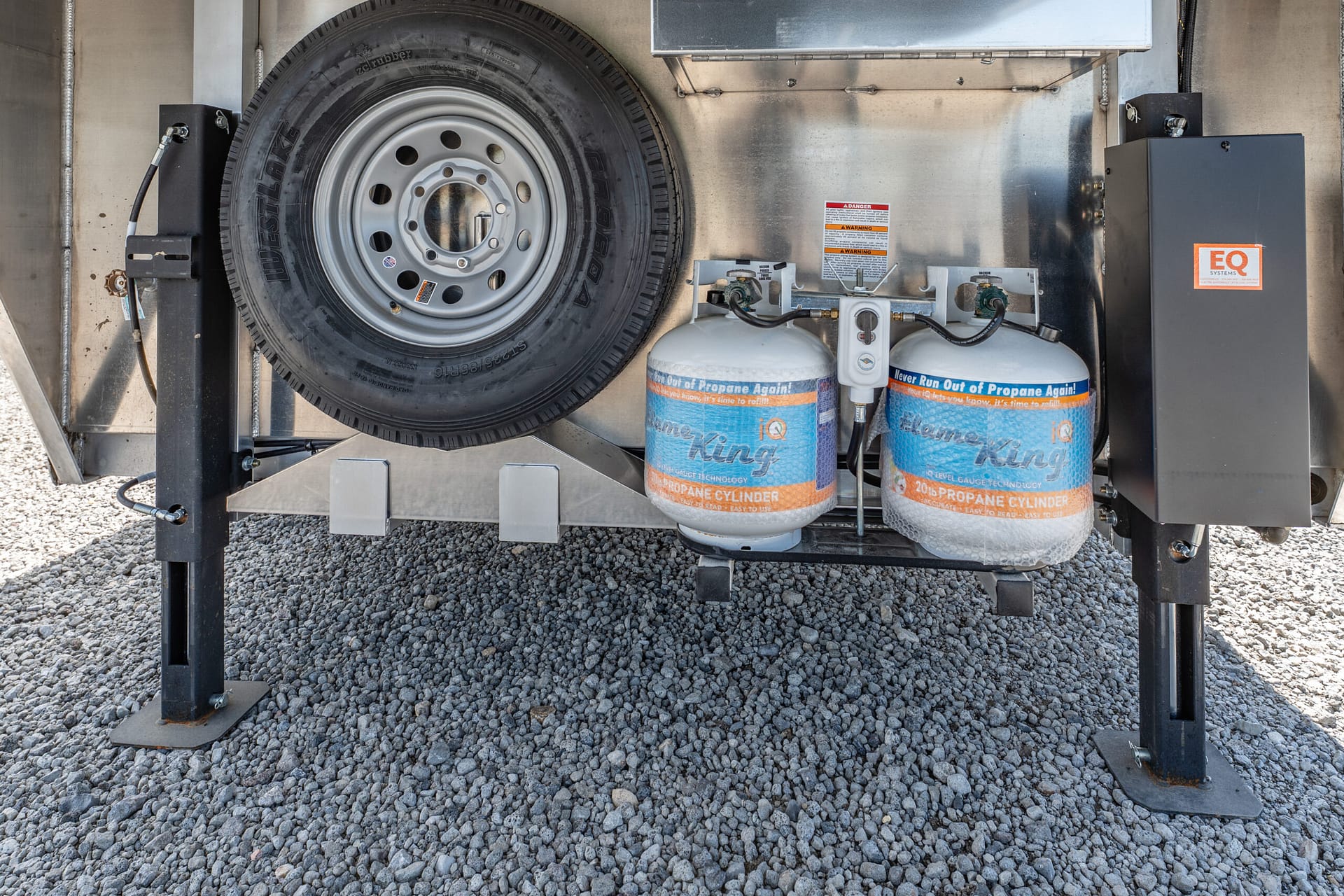 Two propane cylinders connected to a trailer, with a mounted spare tire nearby on a metal frame and gravel ground behind them.